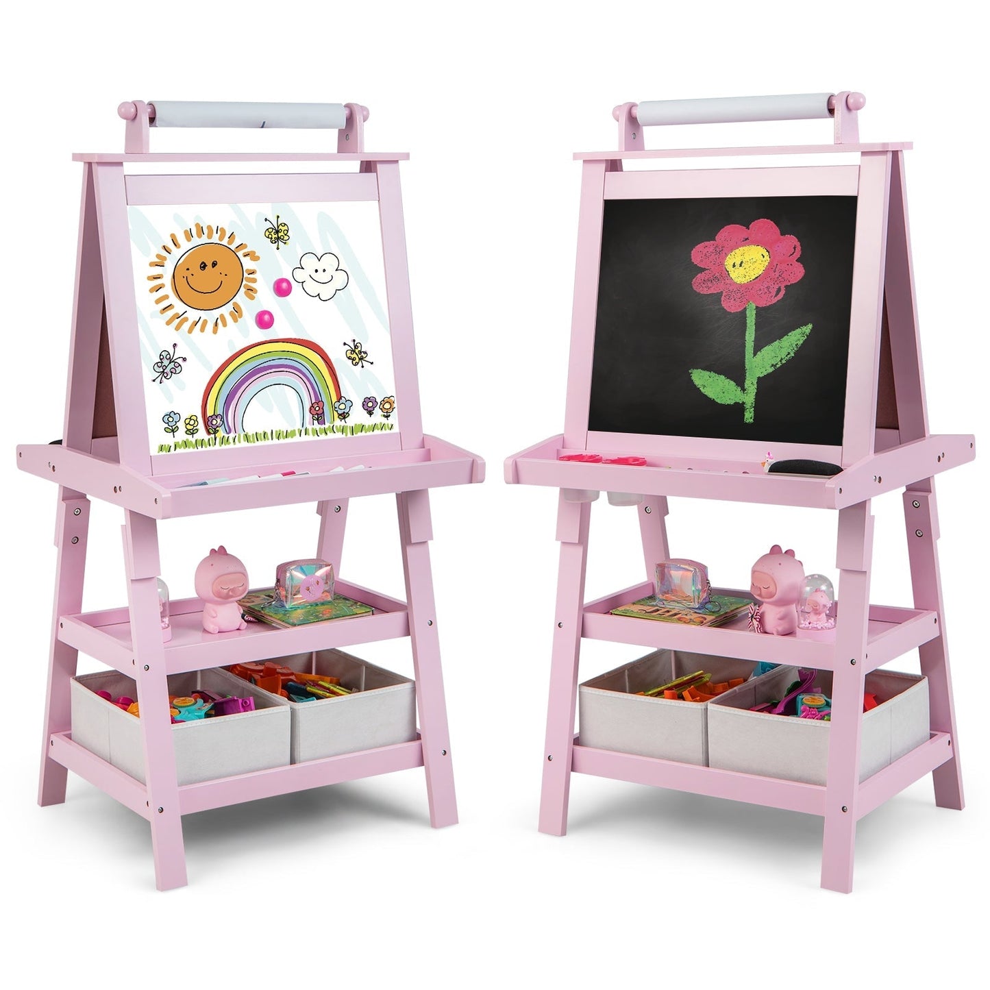Children's Double-Sided Art Easel with Paper Roll-Pink