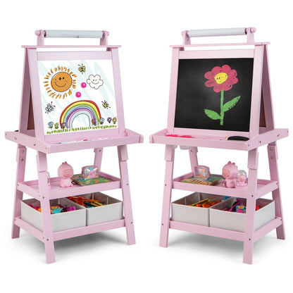 Children's Double-Sided Art Easel with Paper Roll-Pink