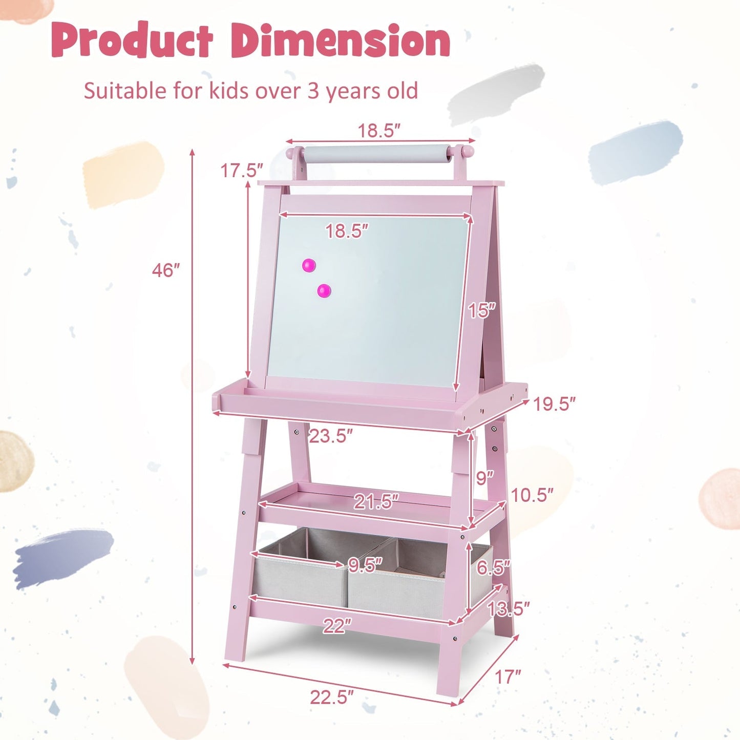Children's Double-Sided Art Easel with Paper Roll-Pink