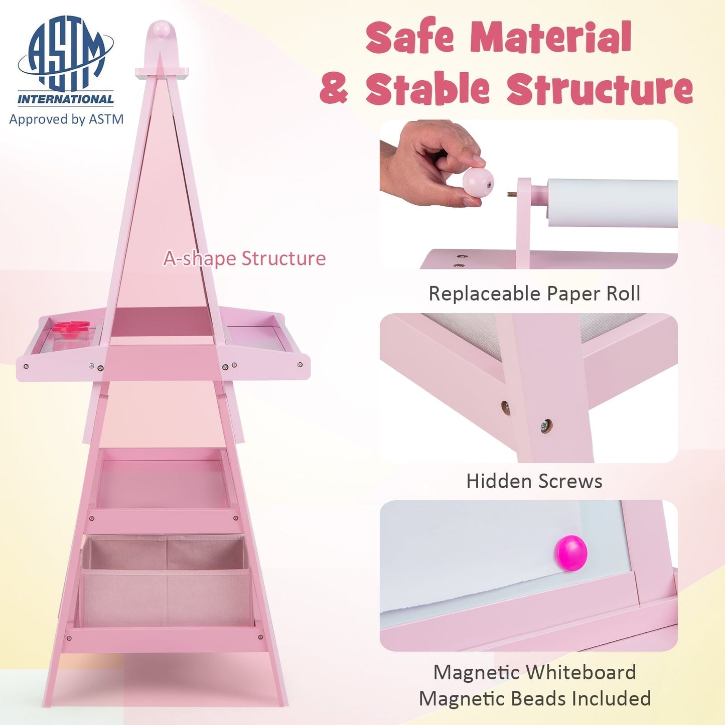 Children's Double-Sided Art Easel with Paper Roll-Pink