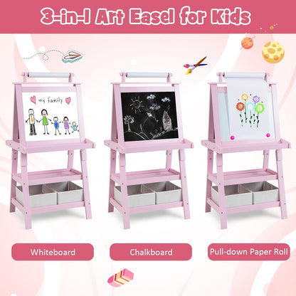 Children's Double-Sided Art Easel with Paper Roll-Pink