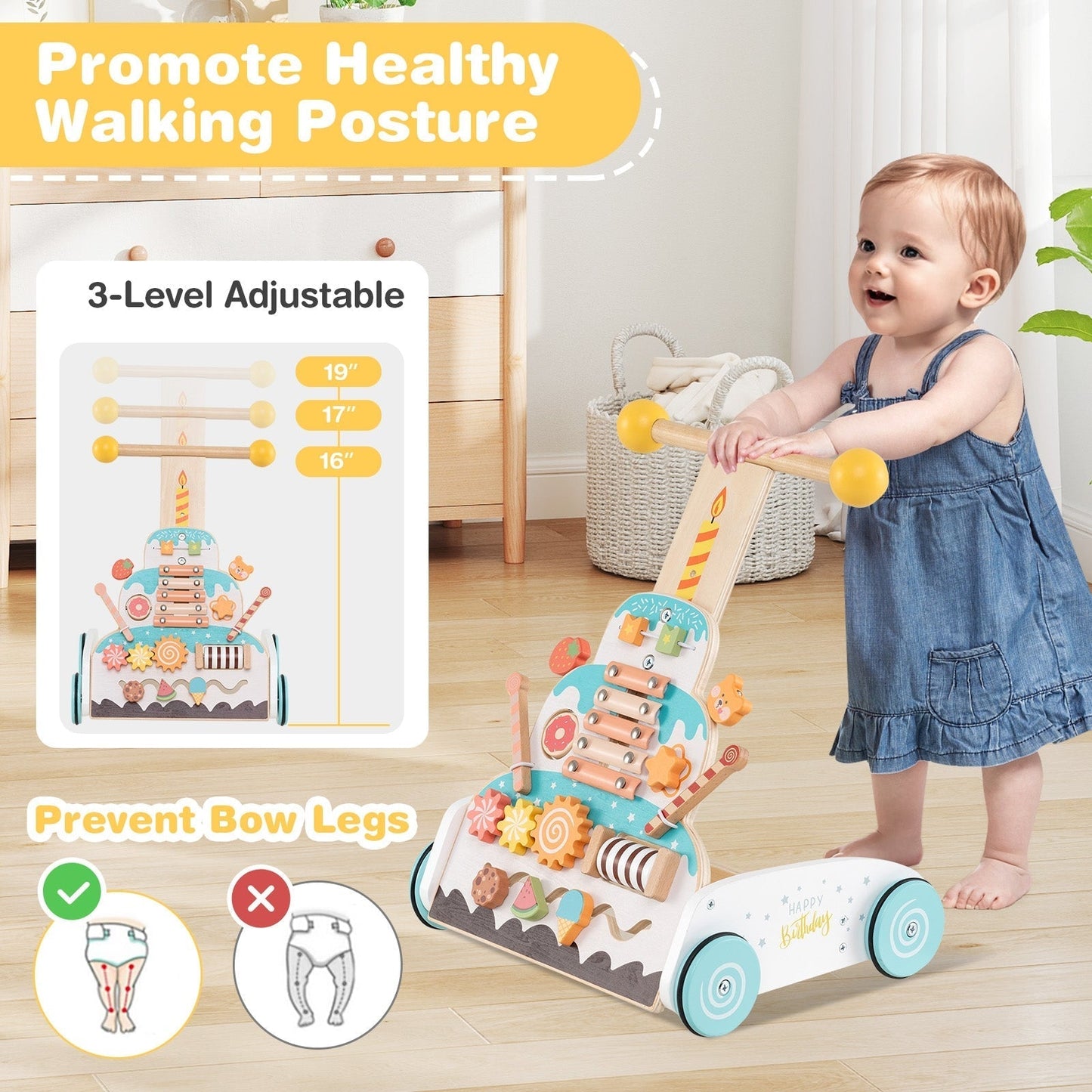 3-Level Height Adjustable Montessori Wooden Baby Walker for 1+ Years Old-White