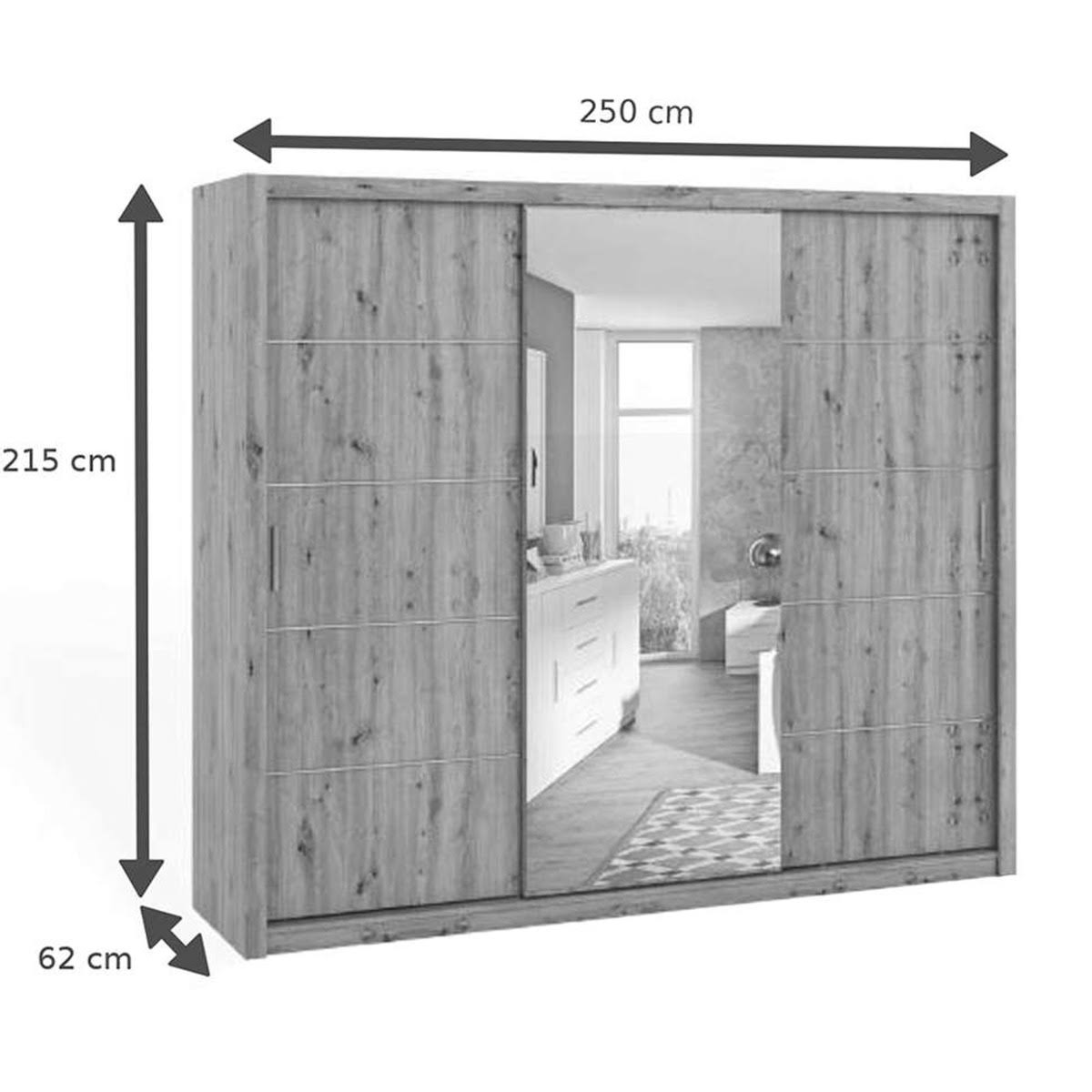 Bonito Sliding Door Wardrobe with Mirror - 250 white, oak artisan, gold, and oak monastery