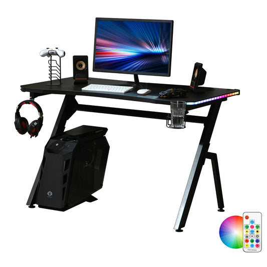 Biurko gamingowe HOMCOM RGB 120 x 66 cm, stolik komputerowy z powierzchnią z włókna węglowego, wieszak na słuchawki, uchwyt na kubek, stojak na kontroler, biurko do biura domowego, czarne