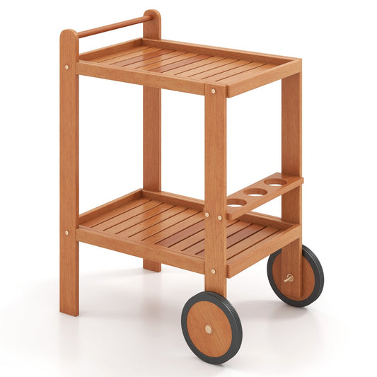 Indoor Outdoor Wood Bar Cart with Wine Bottle Holders and 2 Rubber Wheels