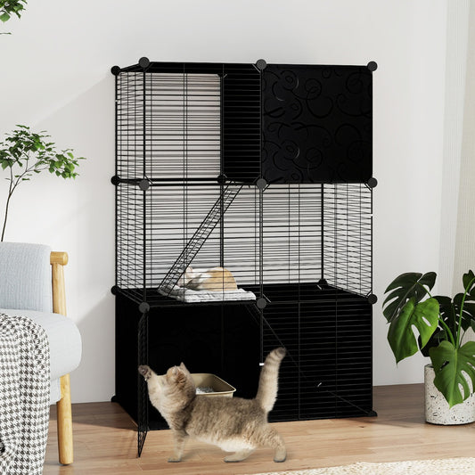 3-Tier Indoor Metal Wire Kitten Enclosure with 2 Ramps and Pet Pen-Black