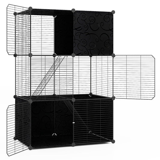 3-Tier Indoor Metal Wire Kitten Enclosure with 2 Ramps and Pet Pen-Black