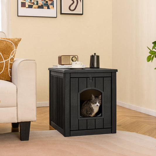Indoor Outdoor Cat House with Flip Front Door and Raised Floor-Black