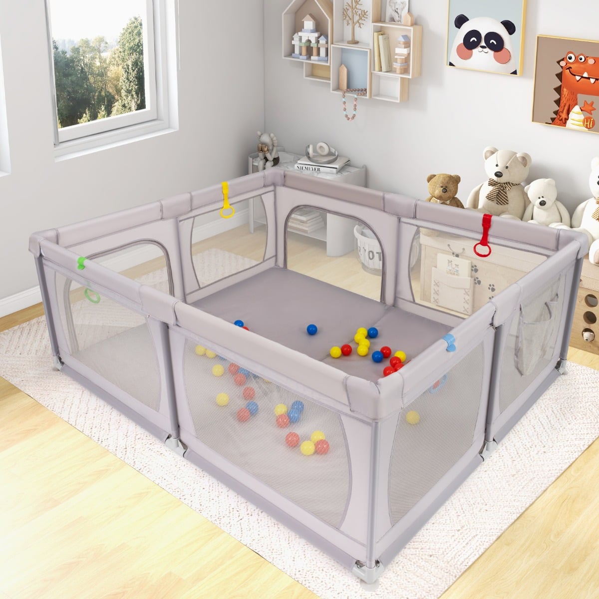 Indoor Safety Play Fence Infant Activity Center with 50 Ocean Balls-Light Grey