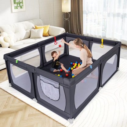 Indoor Safety Play Fence Infant Activity Center with 50 Ocean Balls-Dark Grey
