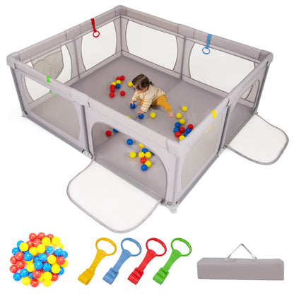 Indoor Safety Play Fence Infant Activity Center with 50 Ocean Balls-Light Grey
