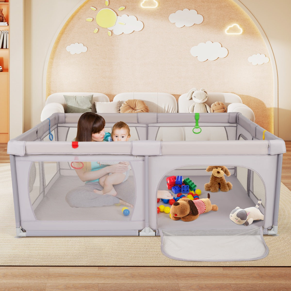 Indoor Safety Play Fence Infant Activity Center with 50 Ocean Balls-Light Grey