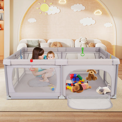 Indoor Safety Play Fence Infant Activity Center with 50 Ocean Balls-Light Grey