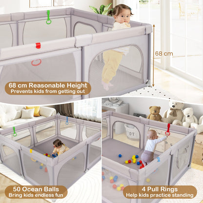 Indoor Safety Play Fence Infant Activity Center with 50 Ocean Balls-Light Grey