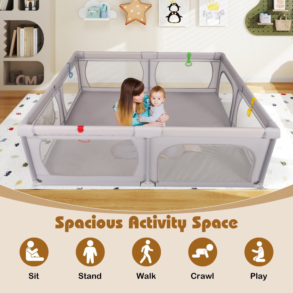 Indoor Safety Play Fence Infant Activity Center with 50 Ocean Balls-Light Grey