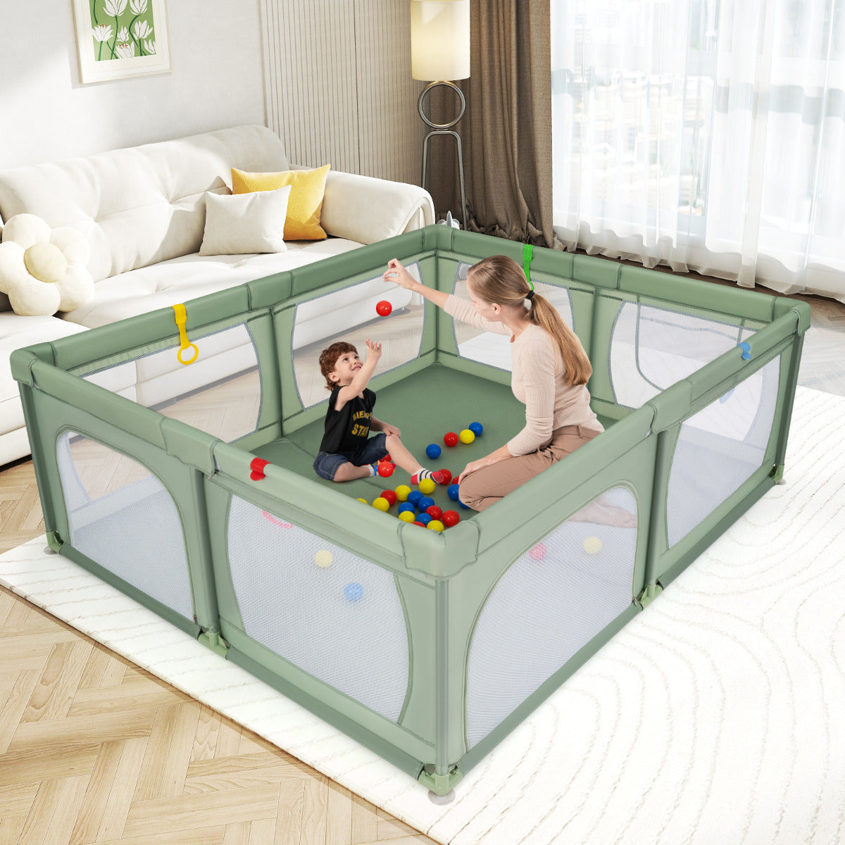 Indoor Safety Play Fence Infant Activity Center with 50 Ocean Balls-Green