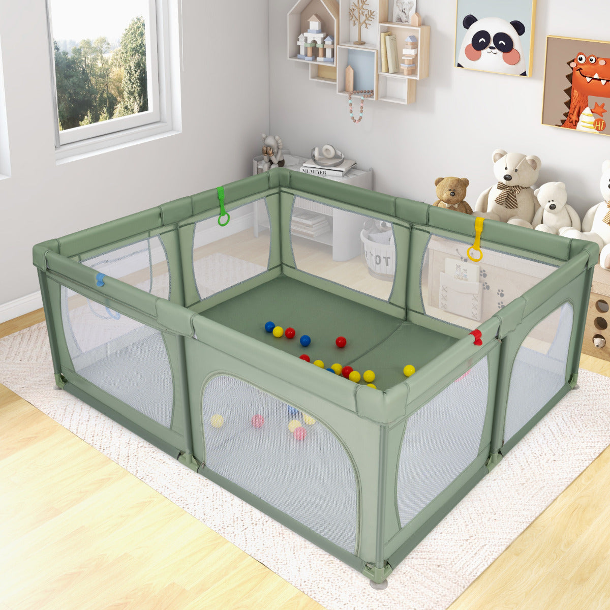 Indoor Safety Play Fence Infant Activity Center with 50 Ocean Balls-Green