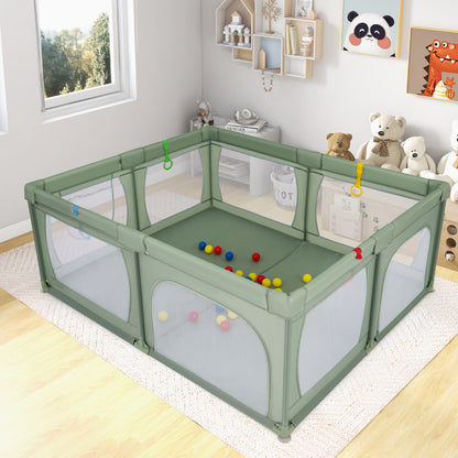 Indoor Safety Play Fence Infant Activity Center with 50 Ocean Balls-Green