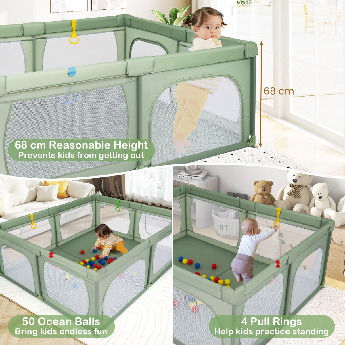 Indoor Safety Play Fence Infant Activity Center with 50 Ocean Balls-Green