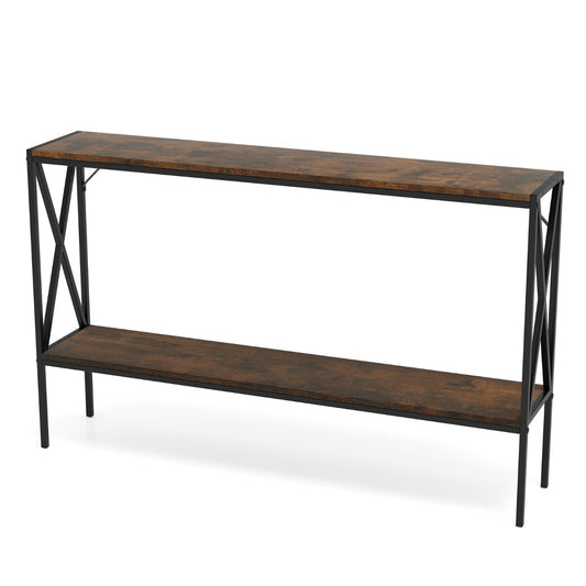 Industrial Console Table 2-Tier Narrow Sofa Table Behind Couch-Rustic Brown