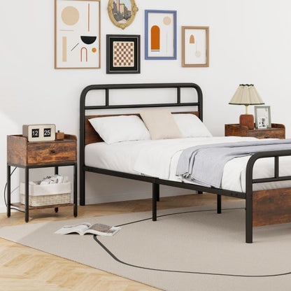 Nightstand with Charging Station Storage Drawer and Open Shelf-Rustic Brown