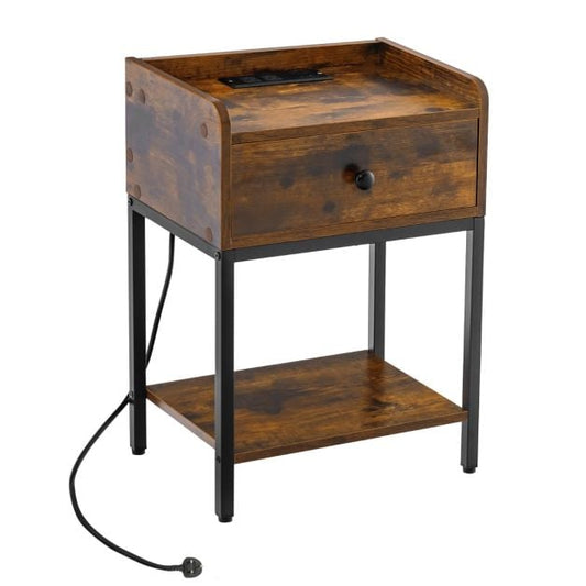 Nightstand with Charging Station Storage Drawer and Open Shelf-Rustic Brown