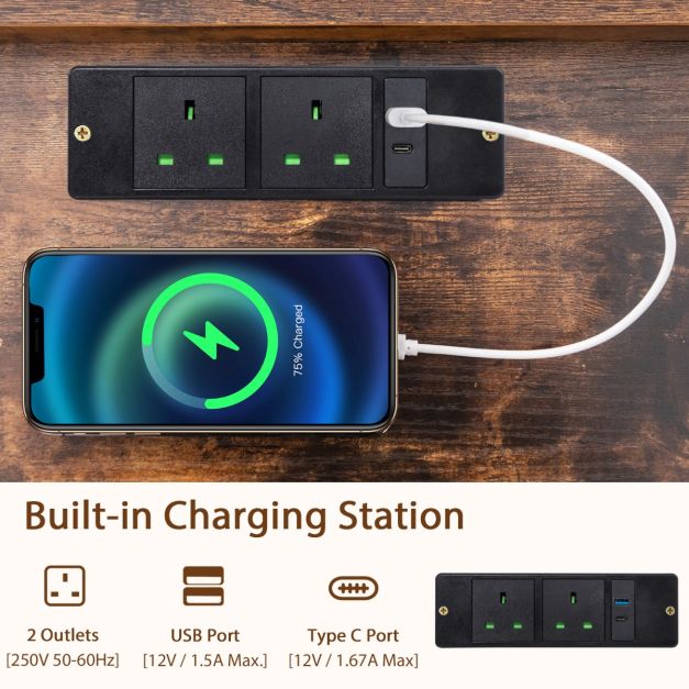 Nightstand with Charging Station Storage Drawer and Open Shelf-Rustic Brown