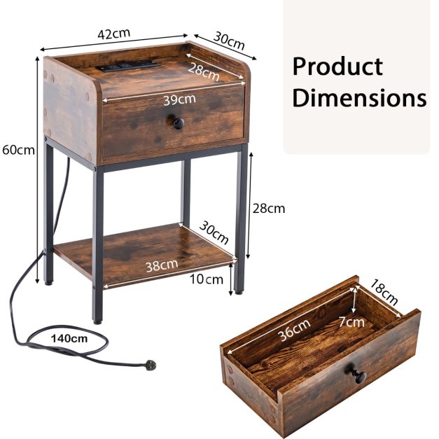 Nightstand with Charging Station Storage Drawer and Open Shelf-Rustic Brown