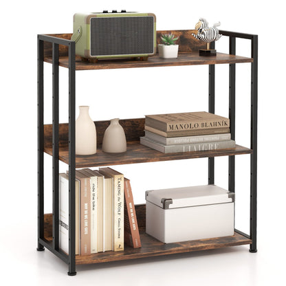 3-Tier Corner Bookcase with Adjustable Shelves and Metal Frame-Rustic Brown
