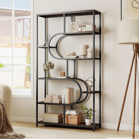Industrial Etagere Bookcase with Open Storage Shelves and Metal Frame-Rustic Brown