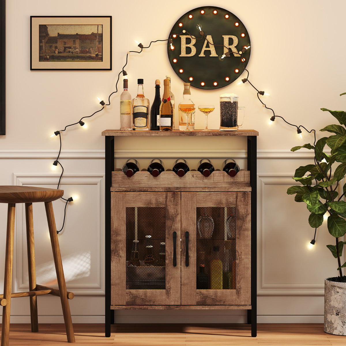 Industrial Kitchen Storage Cabinet for Dining Living Room -Oak