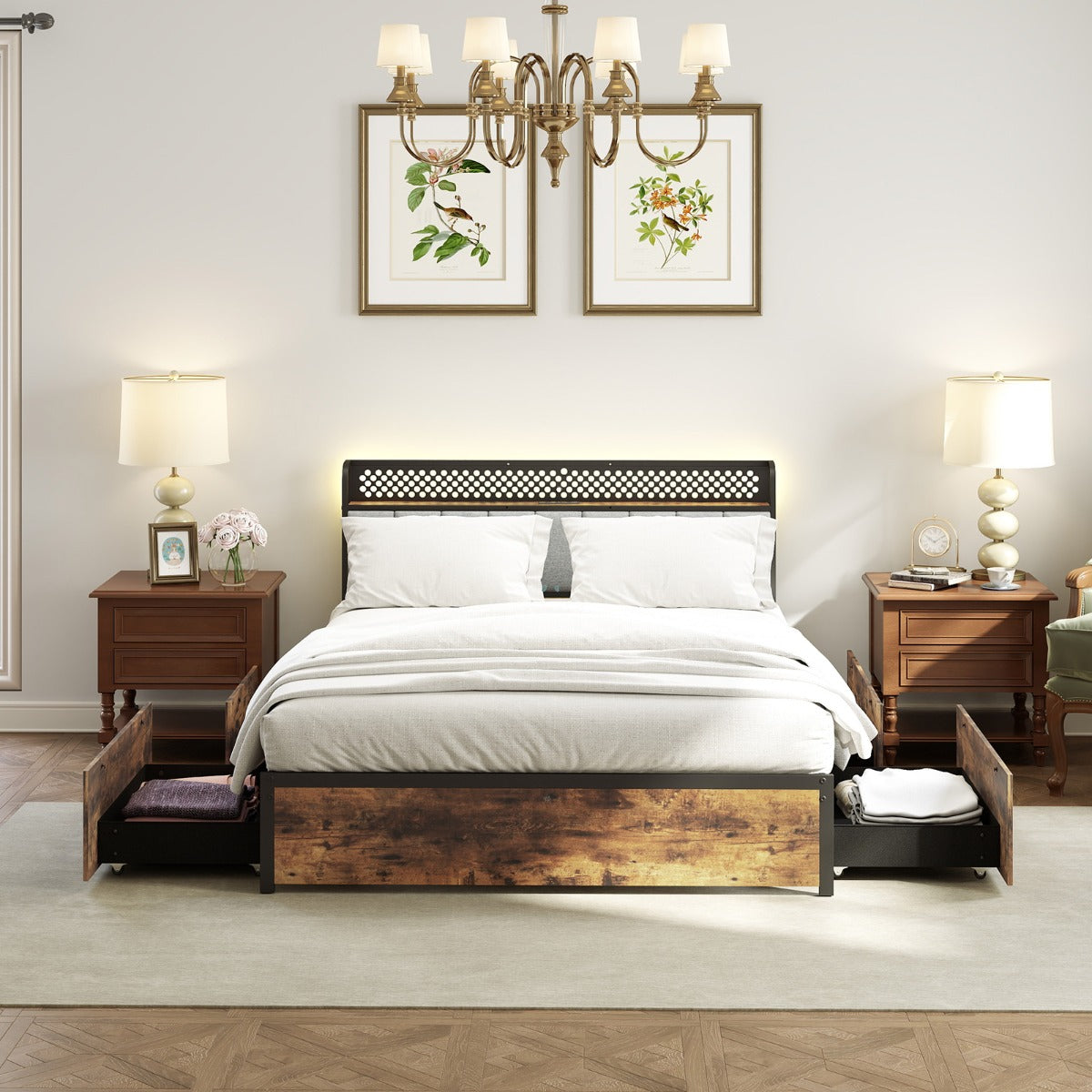 Industrial Metal Platform Bed with LED Lights  and USB Power Outlets -King Size