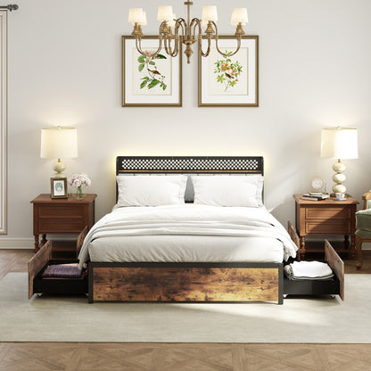 Industrial Metal Platform Bed with LED Lights  and USB Power Outlets -King Size