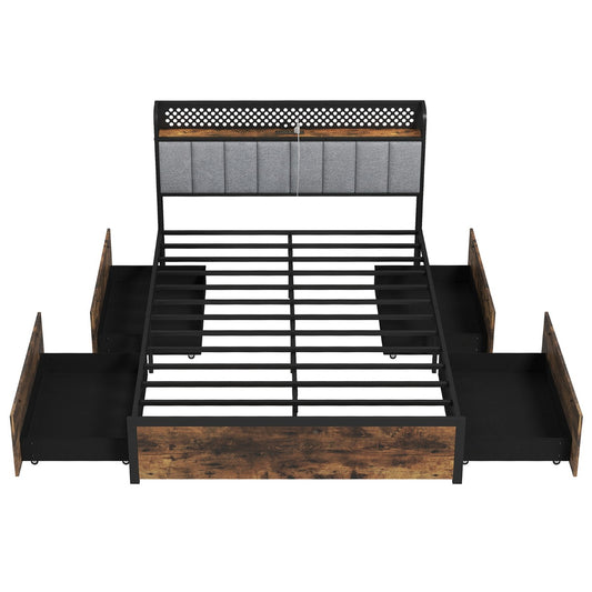 Industrial Metal Platform Bed with LED Lights  and USB Power Outlets -King Size