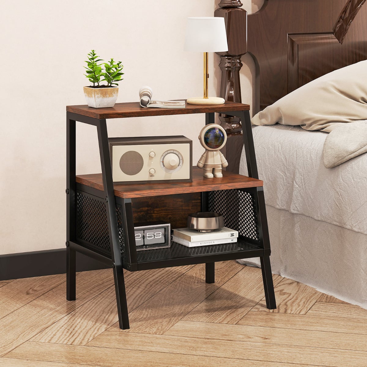 3-Tier Industrial Nightstand with 2 Open Shelves and Metal Mesh Compartment-Rustic Brown