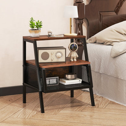 3-Tier Industrial Nightstand with 2 Open Shelves and Metal Mesh Compartment-Rustic Brown