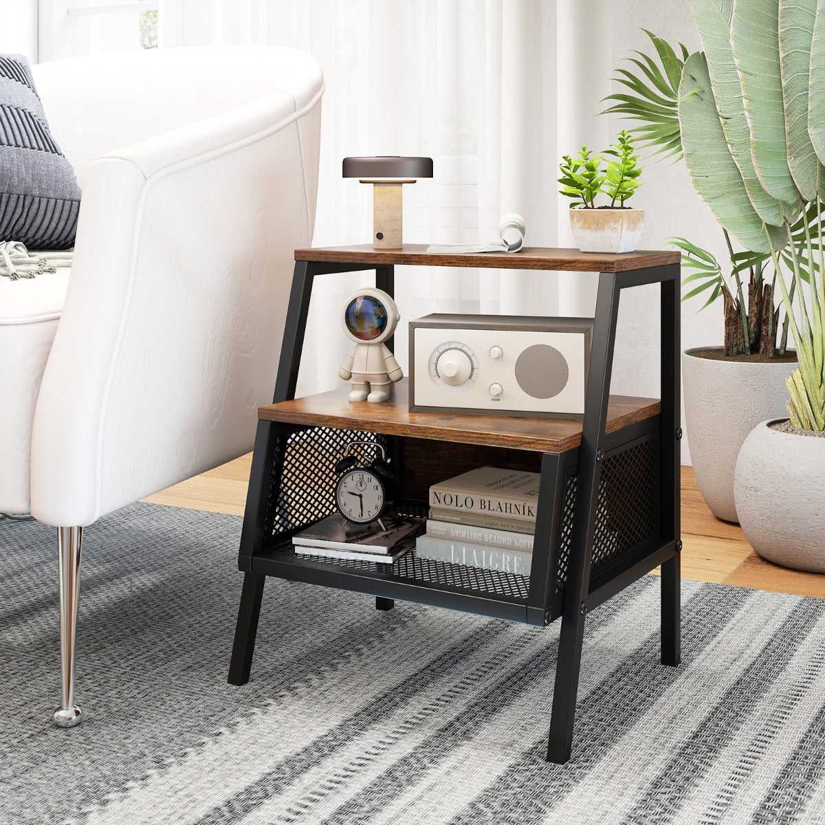 3-Tier Industrial Nightstand with 2 Open Shelves and Metal Mesh Compartment-Rustic Brown