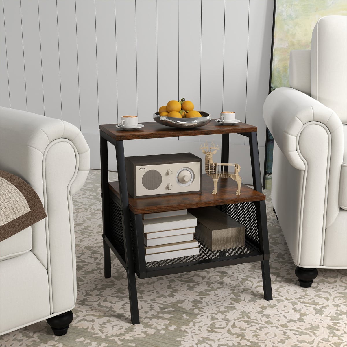 3-Tier Industrial Nightstand with 2 Open Shelves and Metal Mesh Compartment-Rustic Brown