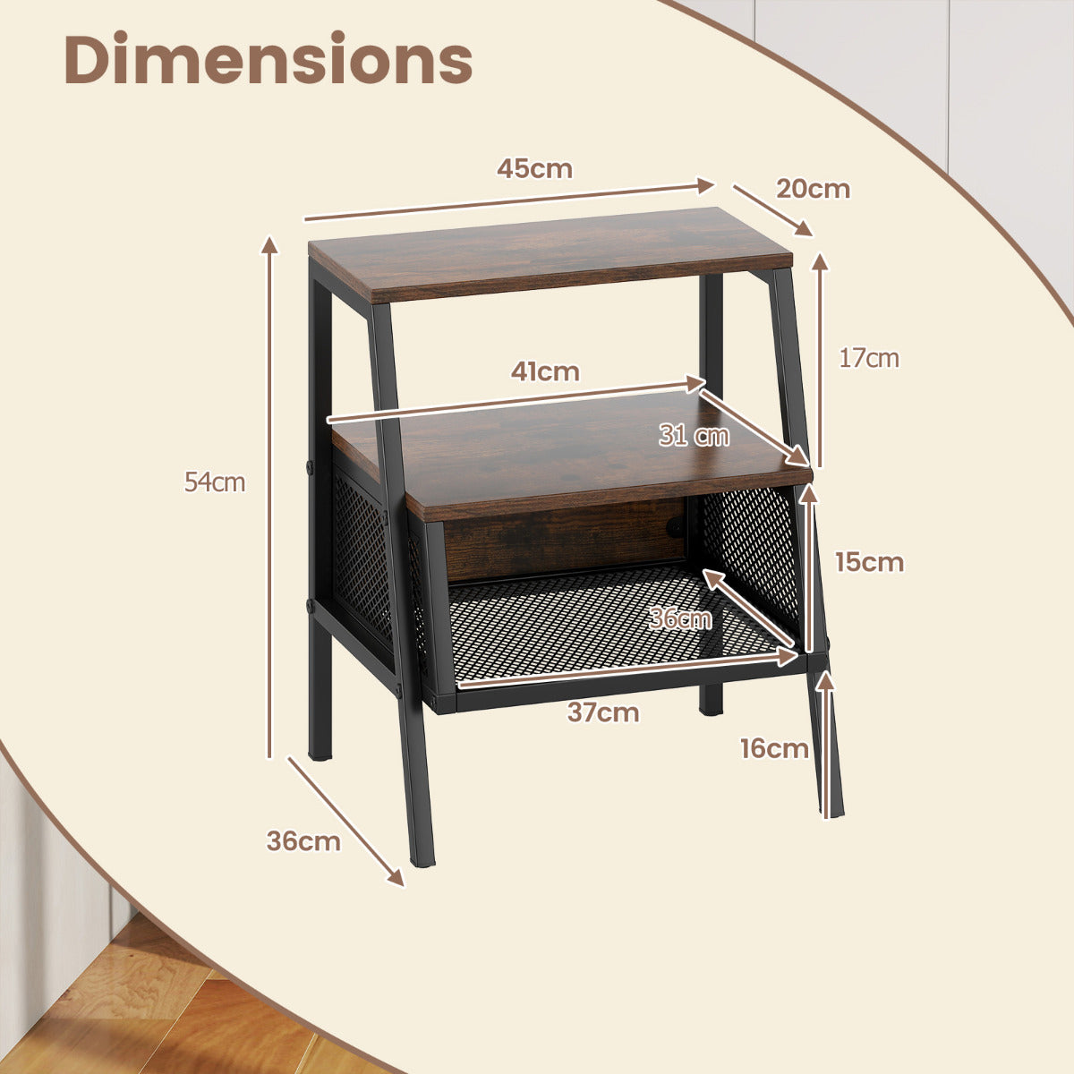 3-Tier Industrial Nightstand with 2 Open Shelves and Metal Mesh Compartment-Rustic Brown