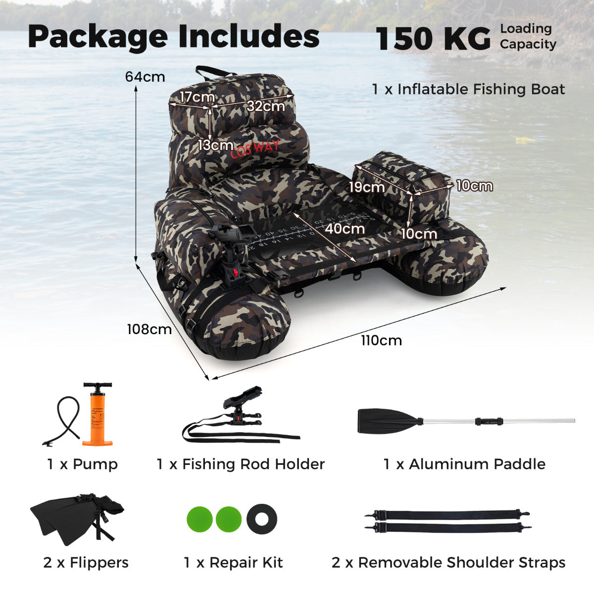 Inflatable Fishing Float Tube Portable Fishing Boat with Shoulder Straps-Colourful
