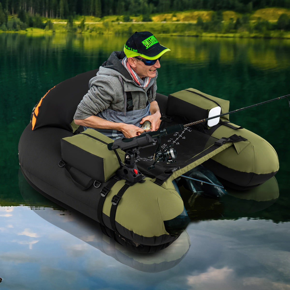 Inflatable Float Tube Fishing River Float with Adjustable Fishing Rod Holder-Green