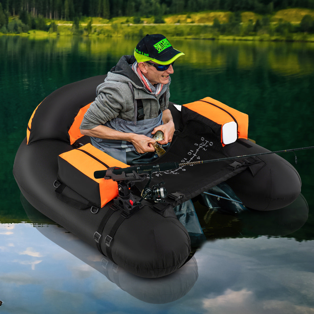 Inflatable Float Tube Fishing River Float with Adjustable Fishing Rod Holder-Orange