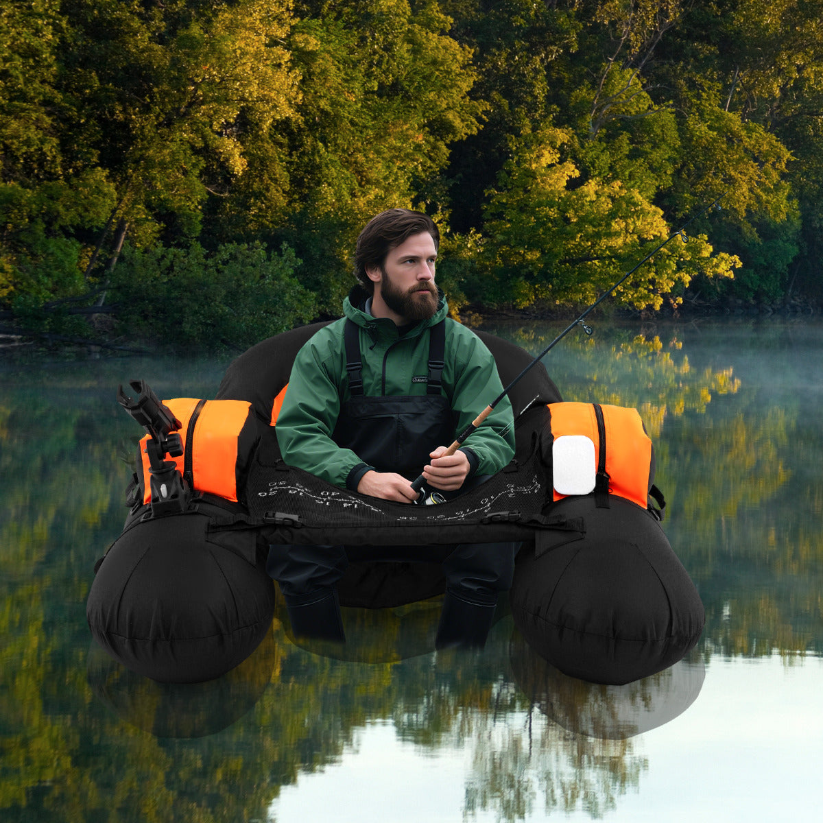 Inflatable Float Tube Fishing River Float with Adjustable Fishing Rod Holder-Orange
