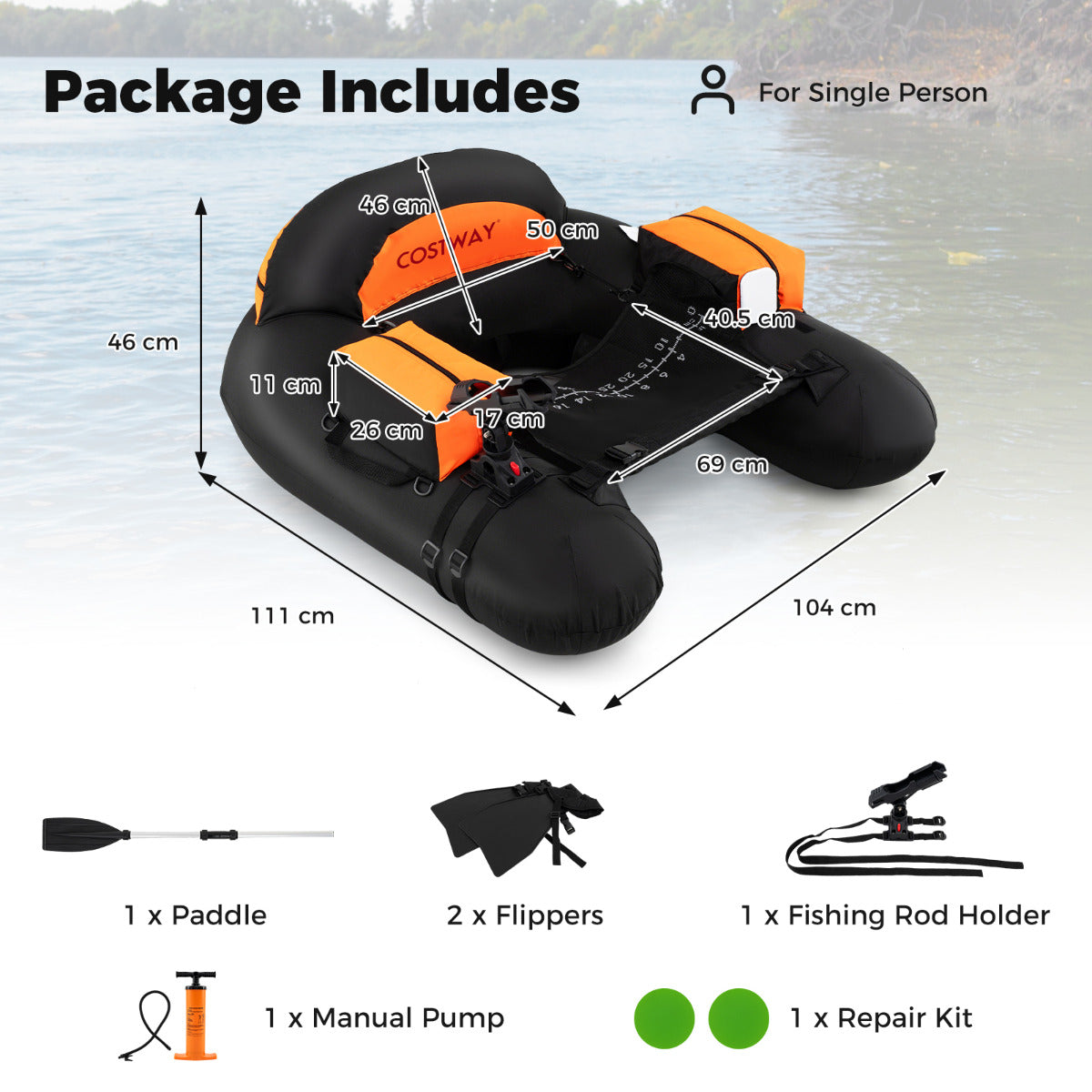 Inflatable Float Tube Fishing River Float with Adjustable Fishing Rod Holder-Orange