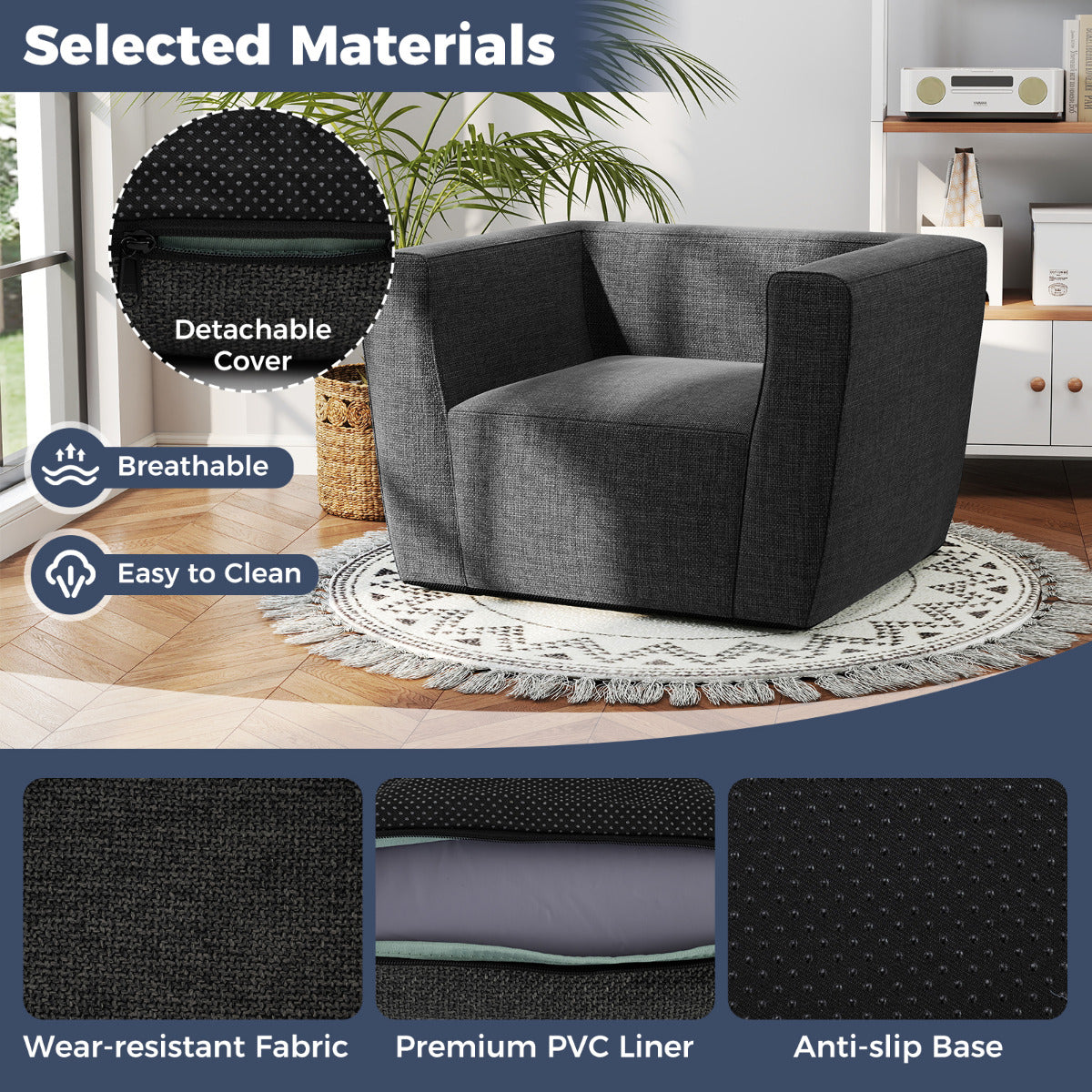 Inflatable Sofa Portable Blow Up Couch with Detachable Cover Single Lounger Air Sofa Chair-Grey