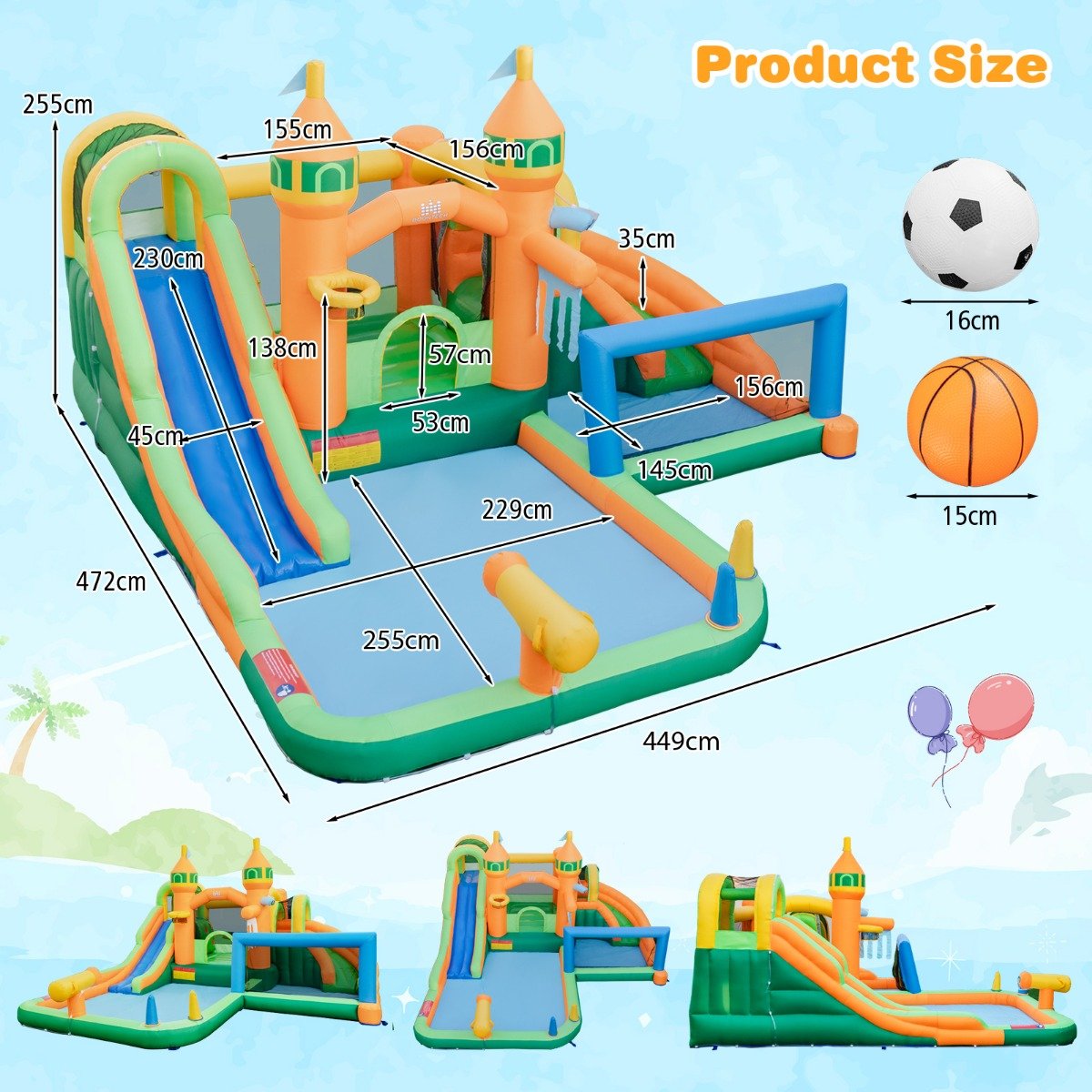 Kids Water Park with Long Slides Splash Pools Climbing Wall for Yard Lawn Without Blower