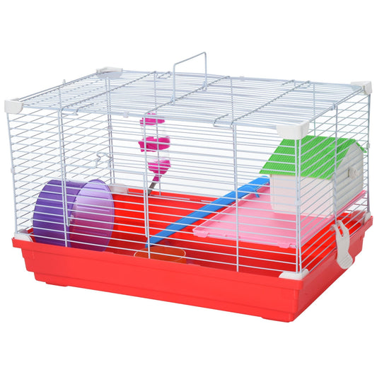 PawHut Dwarf Hamster Metal Cage w/ Tunnels Exercise Wheel Water Bottle Dishes Red and White