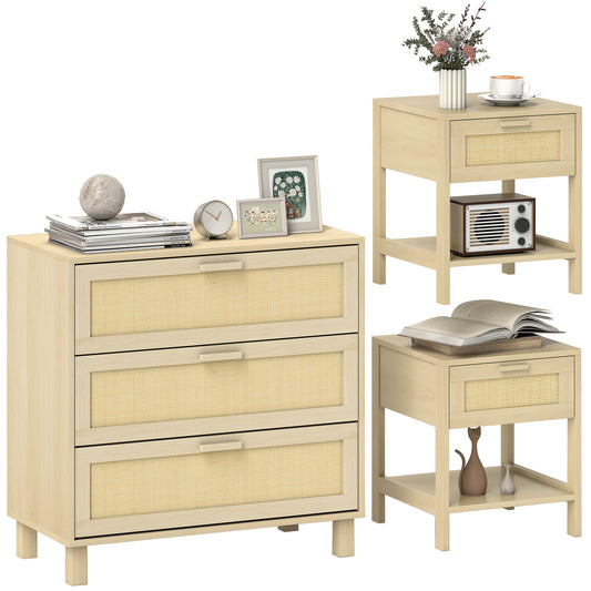 HOMCOM Chest of Drawer and Nightstands, Boho Rattan Furniture Set, Nature Wood Finish