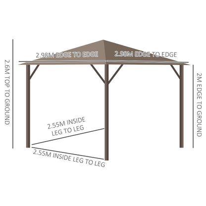 Outsunny 3 x 3 m Hardtop Gazebo with Netting and Curtains, Garden Gazebo Canopy Shelter with Metal Roof, Aluminium Frame, for Garden, Lawn, Deck, Brown