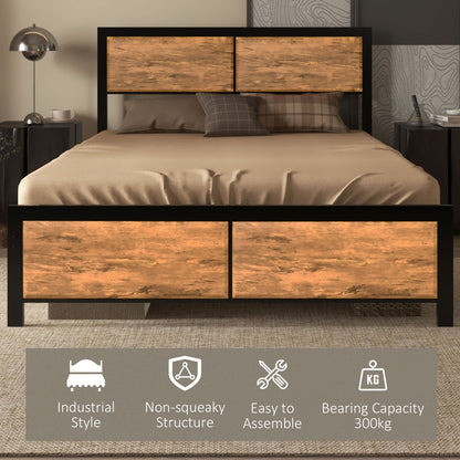HOMCOM Industrial Double Bed Frame, 5FT Steel Bed Base with Headboard, Footboard, Slatted Support and Under Bed Storage, 142 x 195cm, Rustic Brown